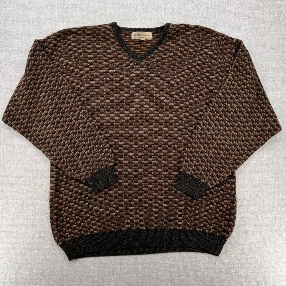 VTG San Mateo Island Textured Knit V Neck Sweater Men L Brown Grandpa Cosby